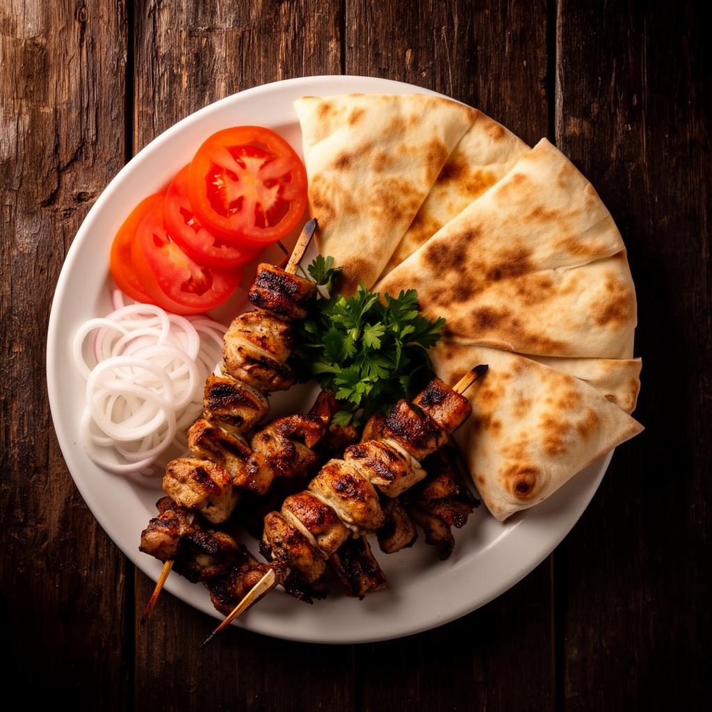 Πιάτο με κεμπάπ, πίτα, ντομάτα και κρεμμύδι
